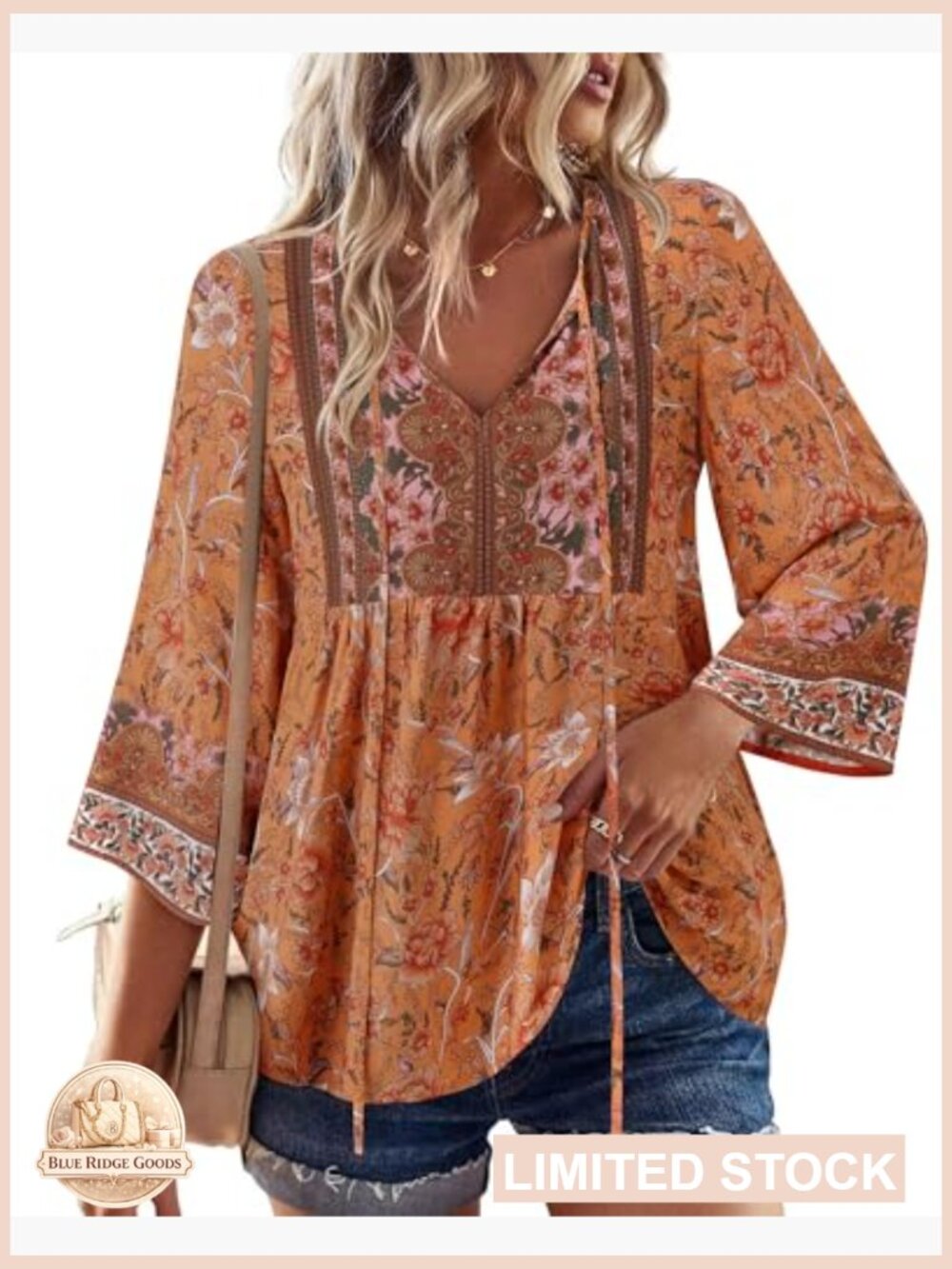 Boho Floral Print V-Neck Blouse 3/4 Sleeve Tie Front Casual Top - Picture 2 of 5